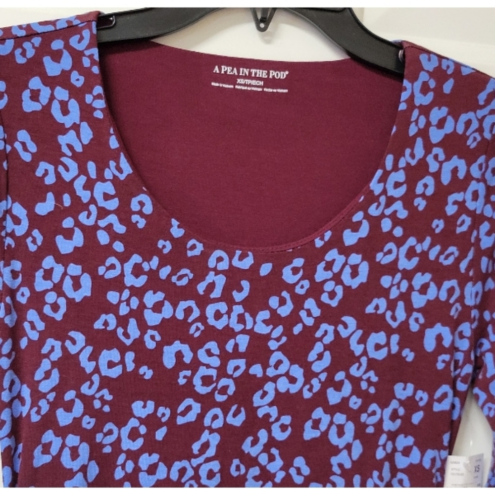 A Pea In The Pod Bodycon Maternity Midi Ruched Dress BLUE CHEETAH XS NEW $88